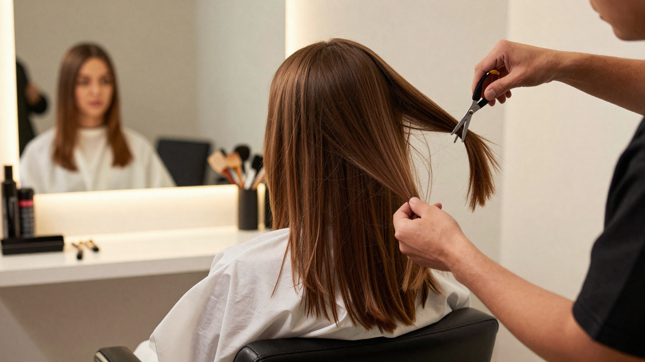 Cabeleireiro prepara-se para cortar o cabelo longo de mulher sentada em cadeira de salão.