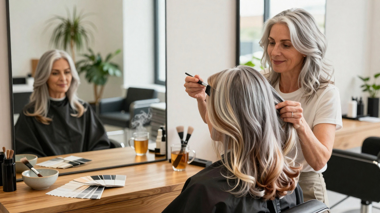 Mulher de cabelo grisalho a ser penteada por cabeleireiro num salão de beleza moderno.
