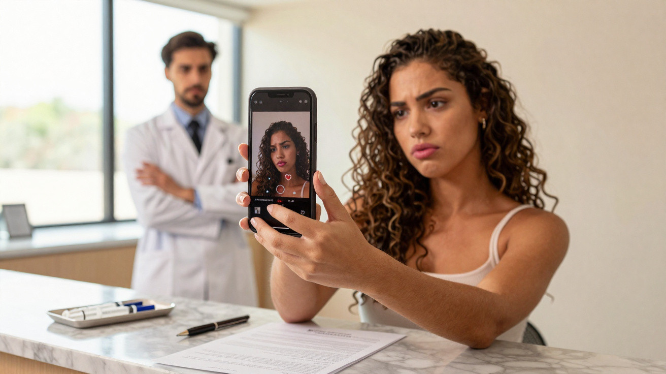 Mulher com expressão séria a mostrar selfie no telemóvel, homem de bata branca ao fundo, em ambiente clínico.