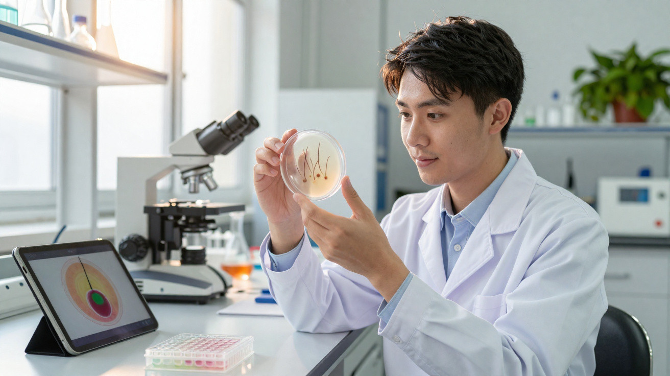 Cientista a examinar placa de Petri num laboratório com microscópio e computador ao fundo.