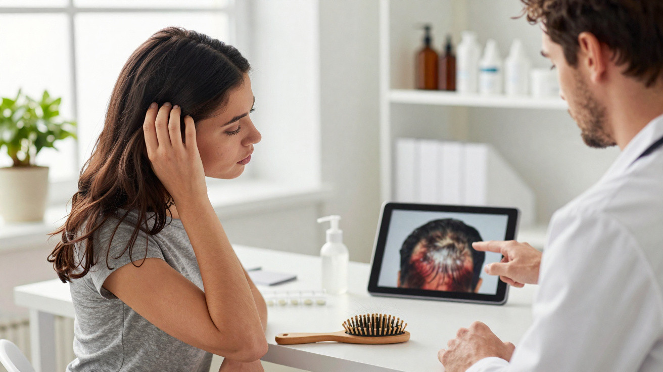 Mulher preocupada numa consulta médica a discutir queda de cabelo com profissional da saúde.