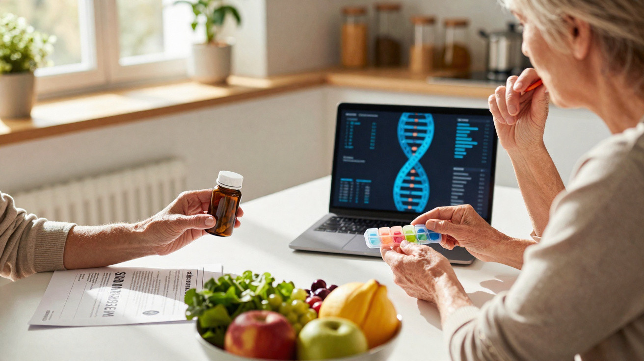 Pessoa idosa a organizar medicamentos enquanto vê informação genética num computador portátil numa cozinha.