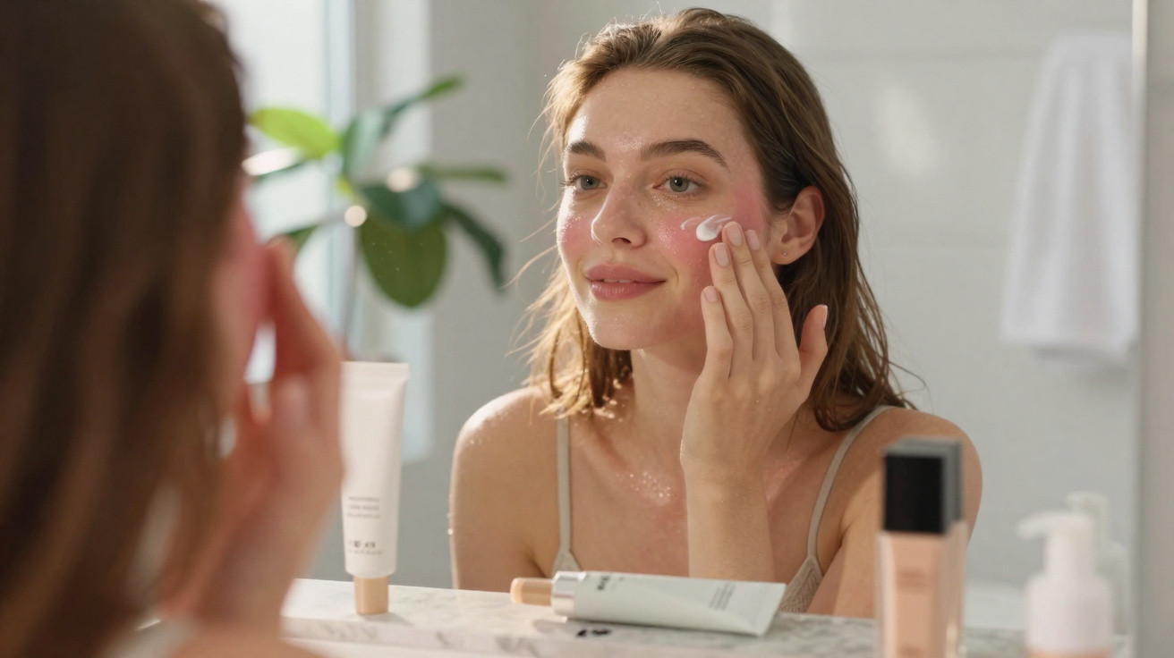 Mulher a aplicar creme facial junto a janela com produtos de cuidados de pele numa bancada.