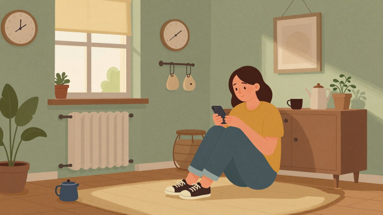 Mulheres em sala de estar a usar telemóveis, com plantas, relógios e chávenas num ambiente tranquilo.
