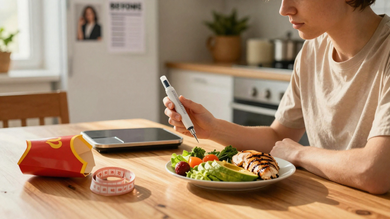 Jovem a fazer anotações sobre uma refeição saudável composta por legumes e frango grelhado na cozinha.