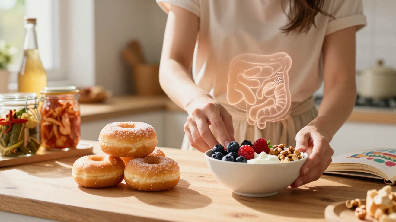 Pessoa a adicionar frutos vermelhos e frutos secos numa tigela com rosquilhas ao lado numa mesa de madeira.