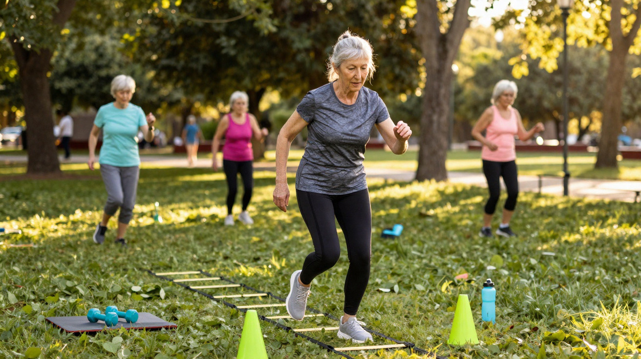 Mulher sénior a praticar exercícios ao ar livre num parque, com grupo a acompanhá-la ao fundo.