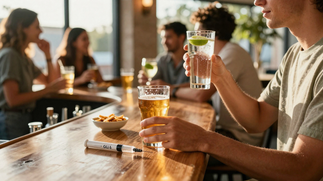 Pessoa num bar a segurar copo com bebida, com grupo de amigos ao fundo e seringa de insulina na mesa.