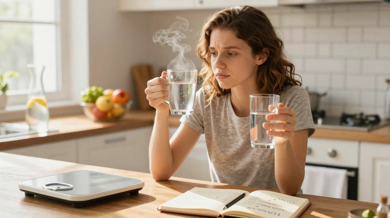 Mulher preocupada segura copo de água quente e copo de água fria numa cozinha moderna.