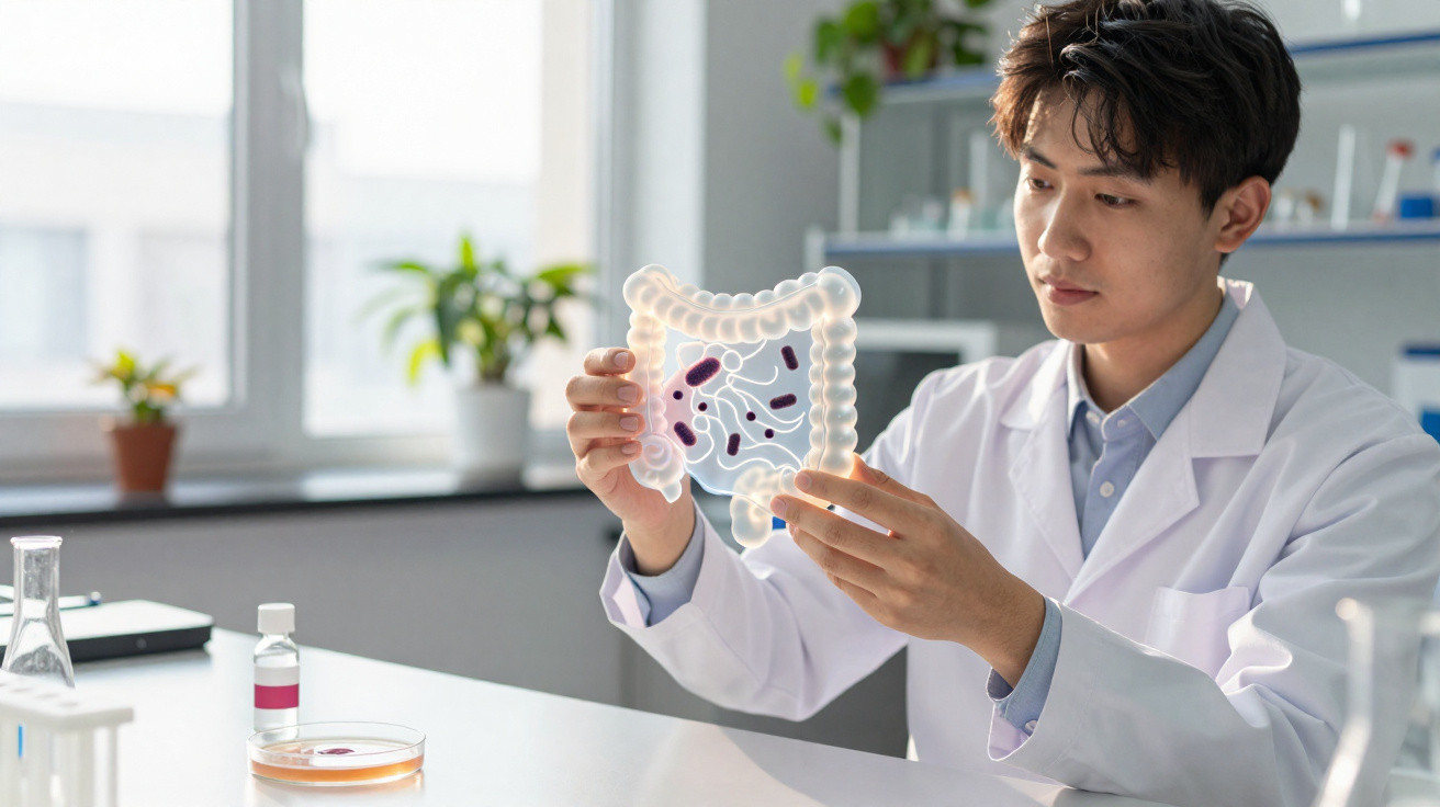 Cientista asiático em laboratório analisando modelo digital do intestino com bactérias e microrganismos.
