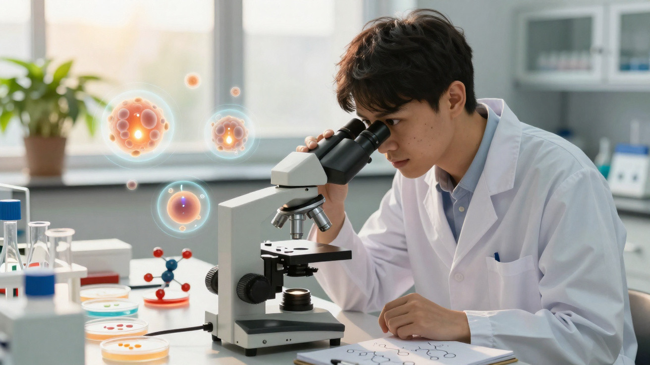 Jovem cientista usando bata observa através de microscópio em laboratório com modelos moleculares e lâminas.