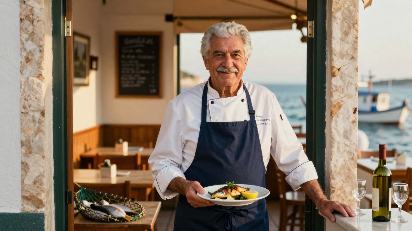 Chefe de cozinha idoso com avental azul e camisa branca a segurar prato de comida em restaurante com vista para o mar.