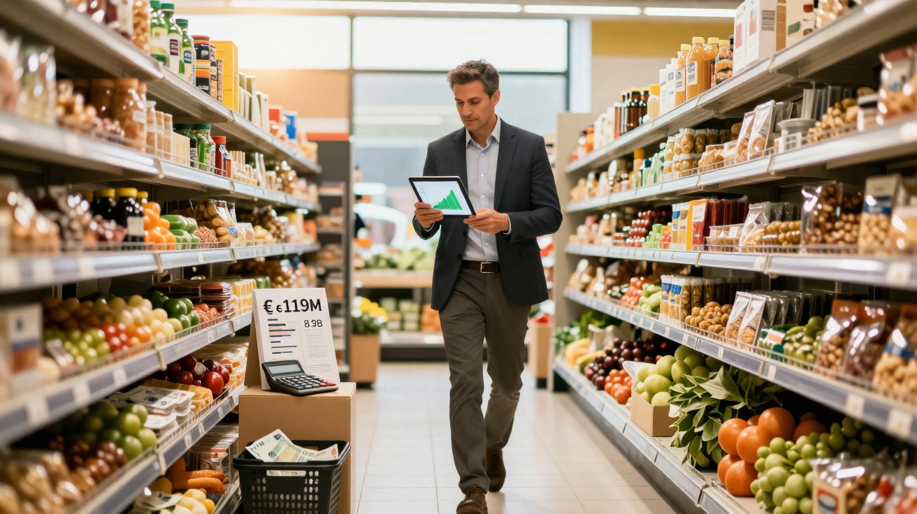Homem de negócios com tablet analisa gráficos num supermercado entre prateleiras de produtos variados.