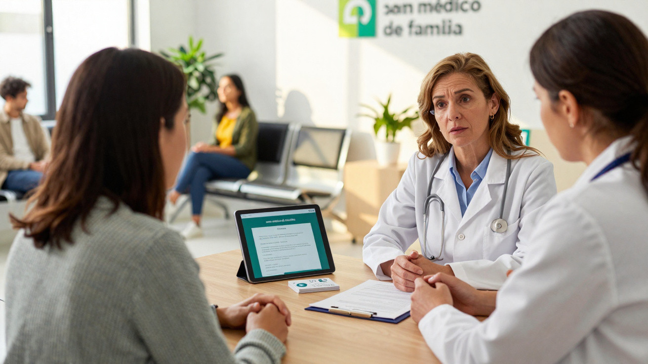 Mulher em consulta médica com profissional de saúde e acompanhante numa sala de espera hospitalar.