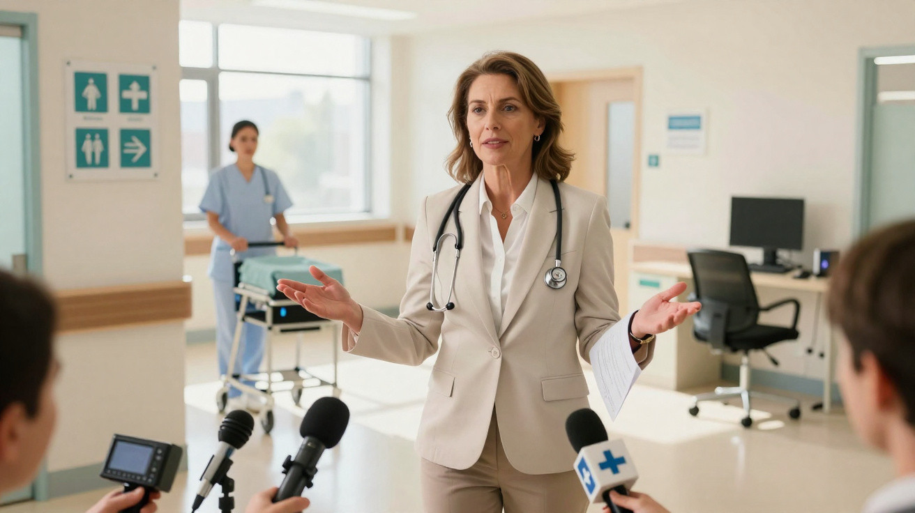 Médica de fato claro e estetoscópio é entrevistada por jornalistas no corredor de hospital.