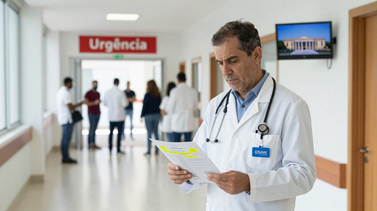 Médico com bata e estetoscópio na mão, em corredor de hospital com placa de Urgência ao fundo.