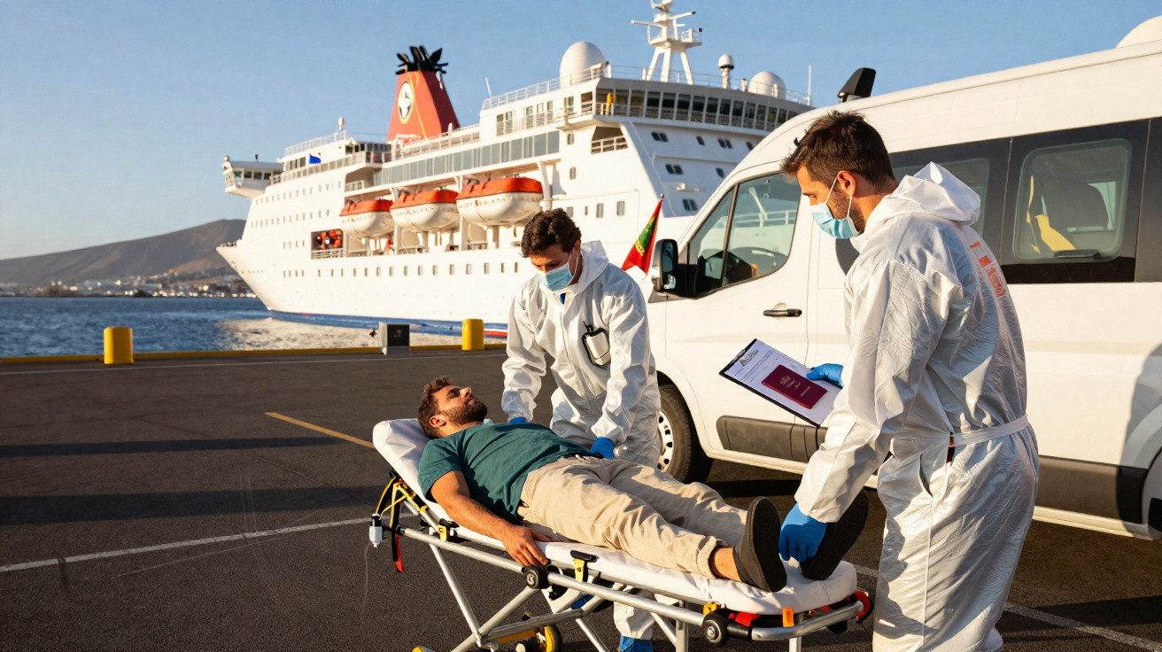 Homens de proteção civil assistem homem deitado numa maca perto de ambulância com cruzeiro ao fundo.