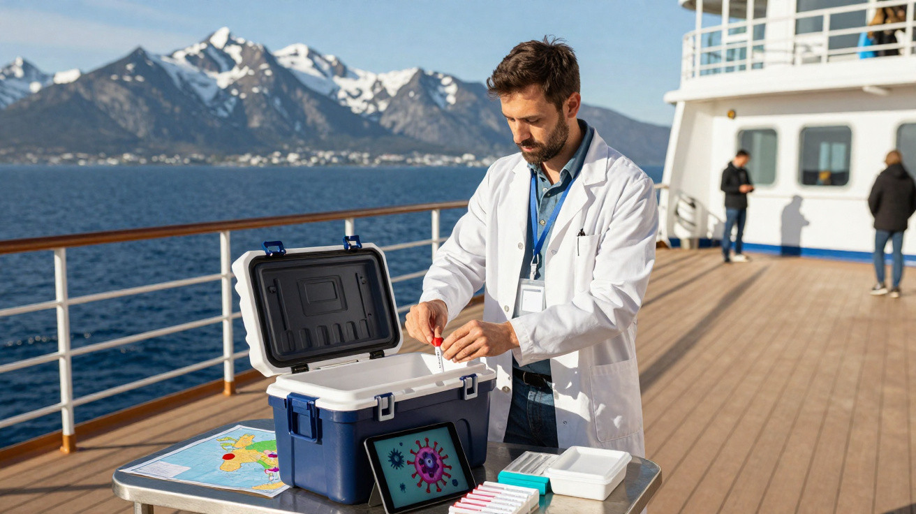 Cientista de jaleco branco a manusear material de laboratório num navio com montanhas nevadas ao fundo.