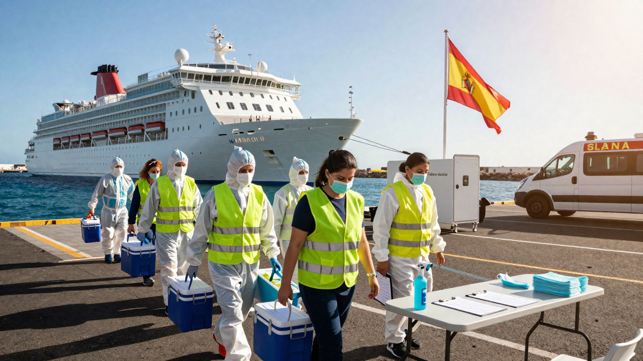 Equipe de saúde com equipamentos de proteção a caminho de um cruzeiro atracado em porto espanhol.