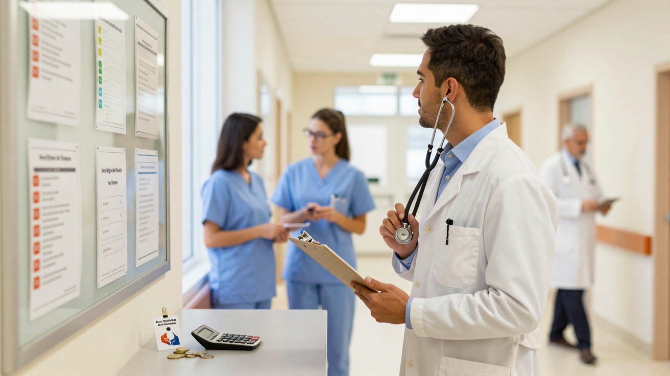 Médico de pé no corredor do hospital a consultar documentos enquanto enfermeiros conversam ao fundo.