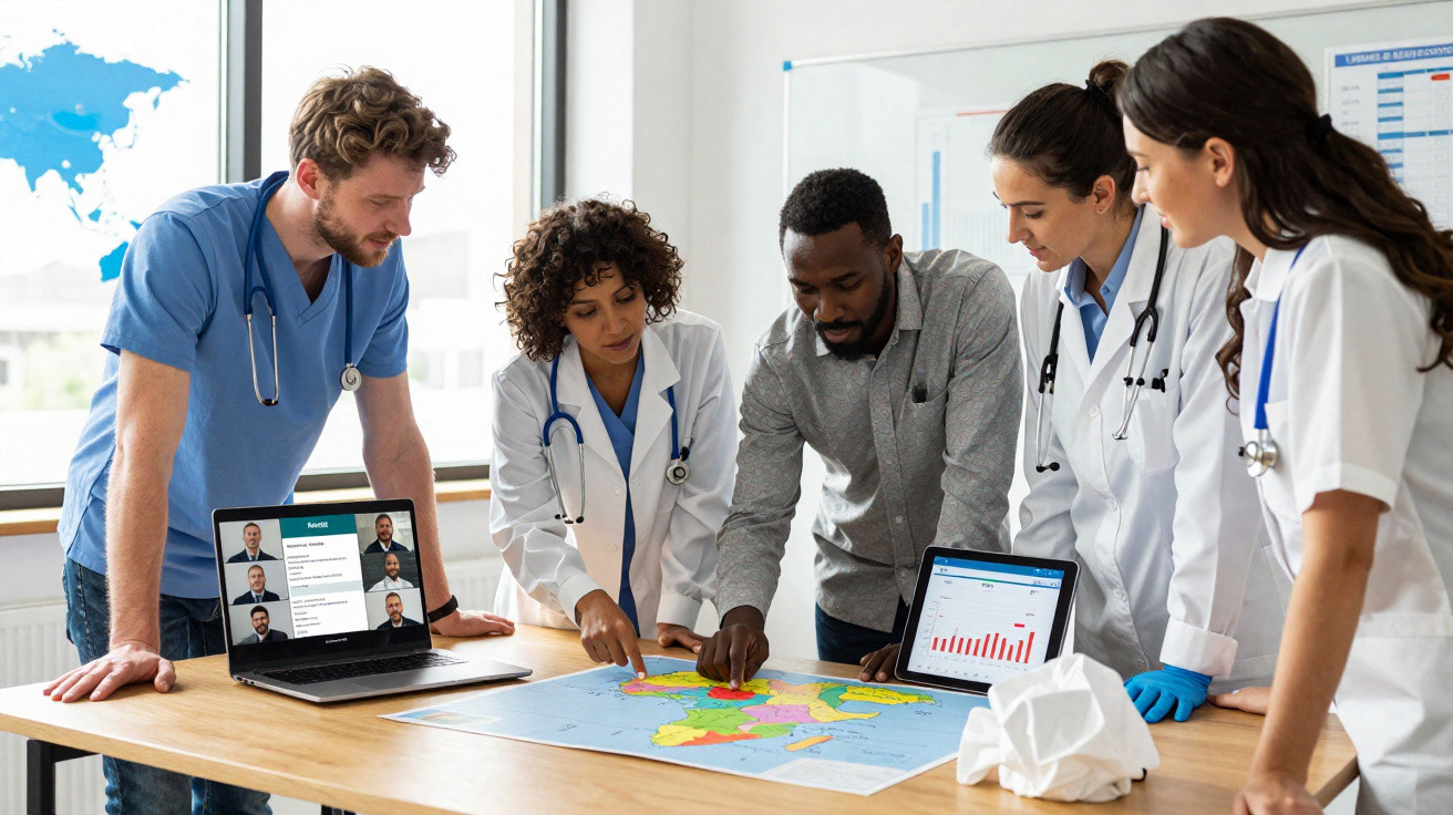Equipa diversa a analisar um mapa da África numa sala de reuniões com dispositivos digitais e equipamentos médicos.