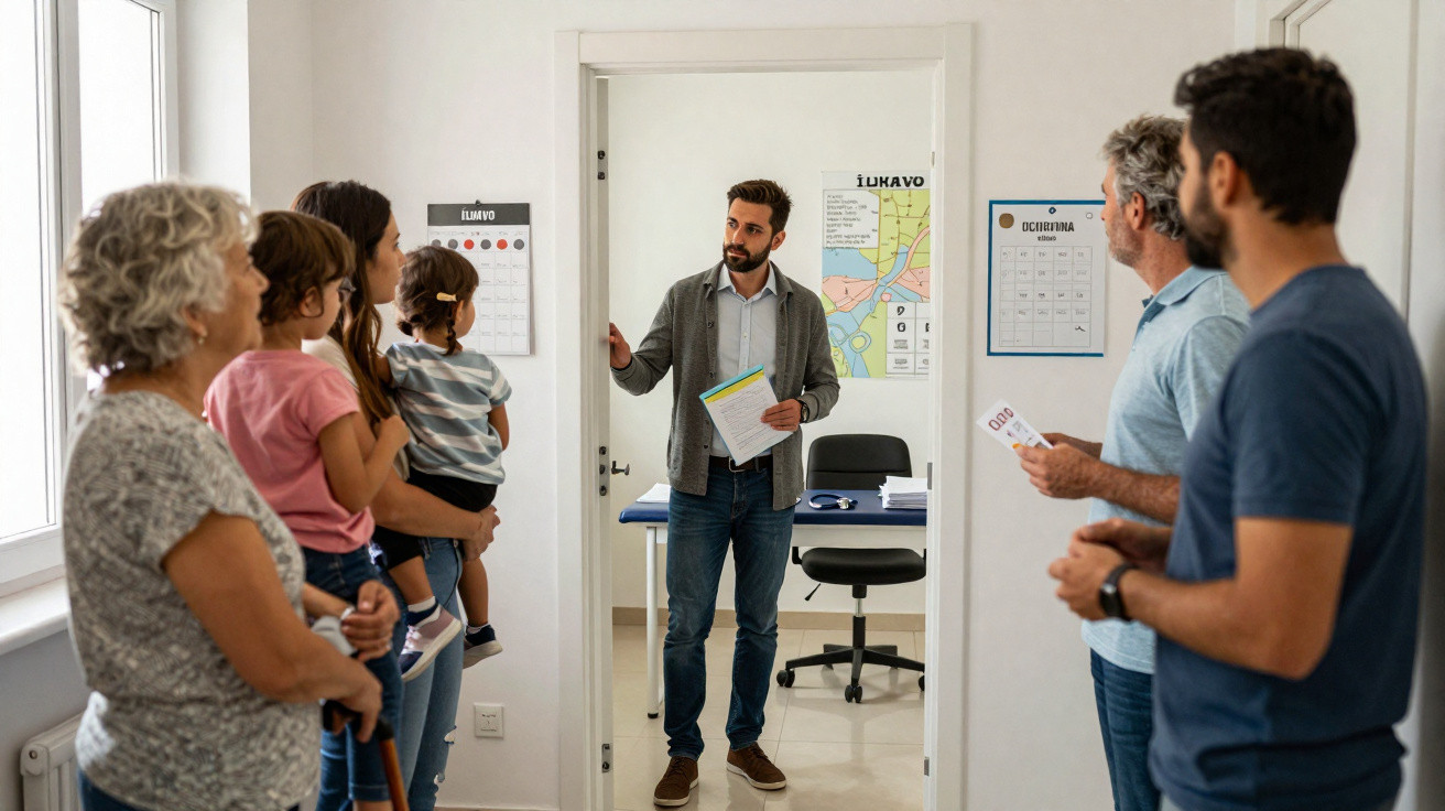 Famílias à espera em corredor de clínica enquanto médico segura documentos à entrada do consultório.