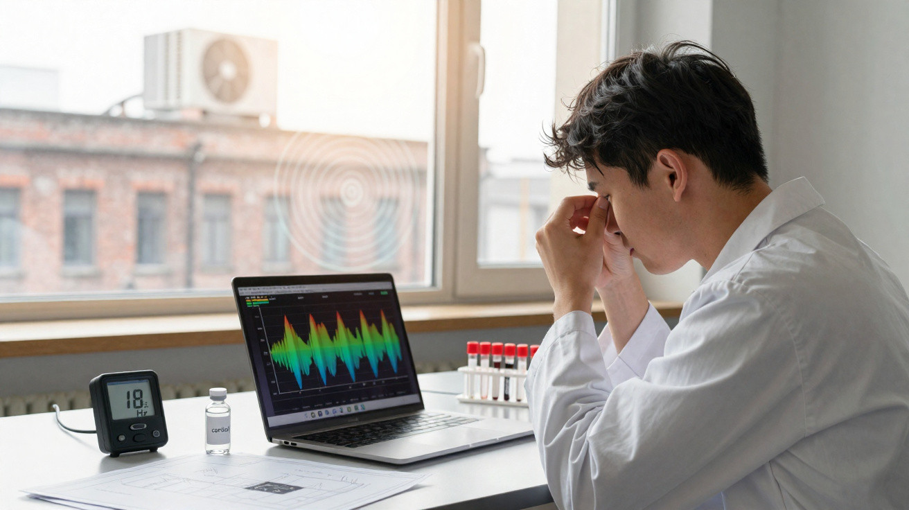 Cientista num laboratório a analisar dados num portátil com tubos de ensaio e amostra de café na mesa.