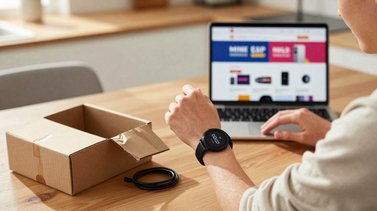 Pessoa a ajustar smartwatch sentado à mesa com portátil aberto e caixa de cartão ao lado.