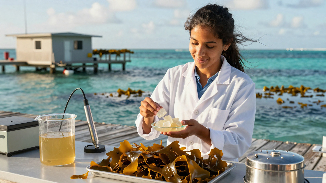 Mulher de bata branca a analisar alga marinha junto ao mar num cais com equipamento científico.