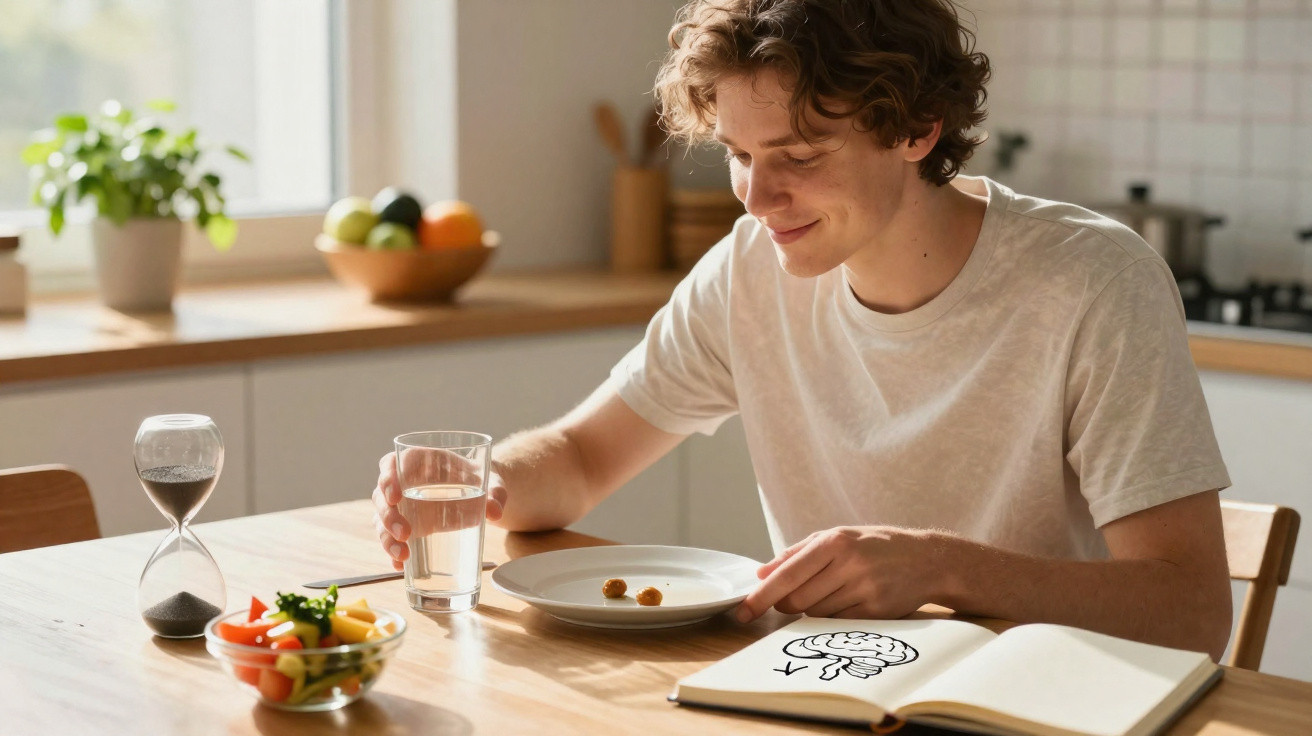Jovem sentado à mesa a comer legumes, com livro aberto mostrando desenho de cérebro e ampulheta ao lado.