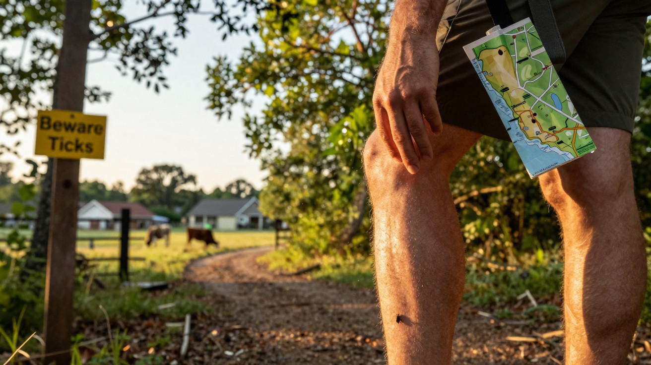 Pessoa verifica uma carraça presa na perna numa trilha, com placa de aviso "Beware Ticks" ao fundo.