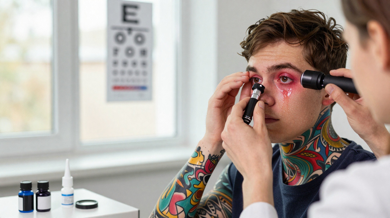 Médico a examinar olho de jovem com tatuagens coloridas numa consulta oftalmológica.