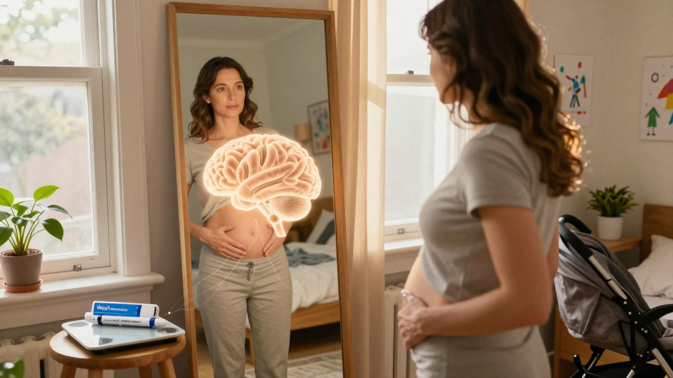 Mulher grávida olha para o espelho tocando a barriga, com ilustração digital de cérebro ligada ao feto.