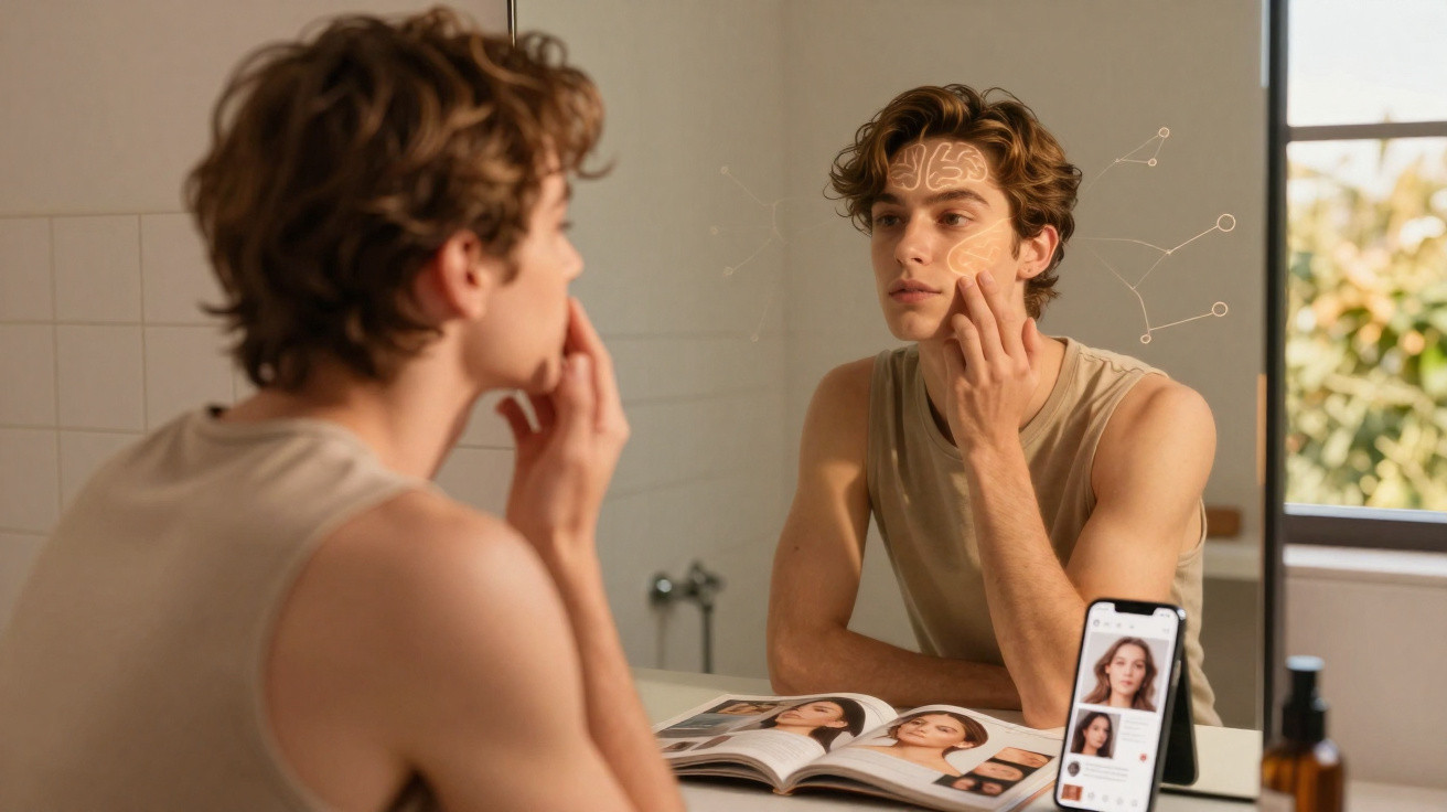 Jovem aplica tratamento facial em frente ao espelho com tutorial de cuidados na pele no telemóvel.