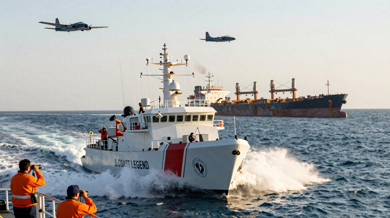 Barco da guarda costeira em alto mar, com navio cargueiro ao fundo e dois aviões militares no céu.