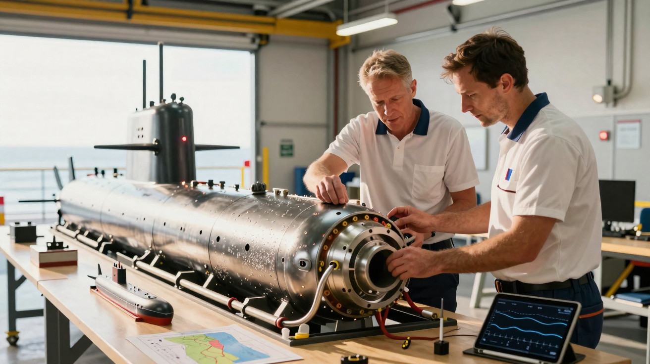 Dois homens em uniformes brancos trabalham num modelo de submarino num laboratório com vista para um porto.