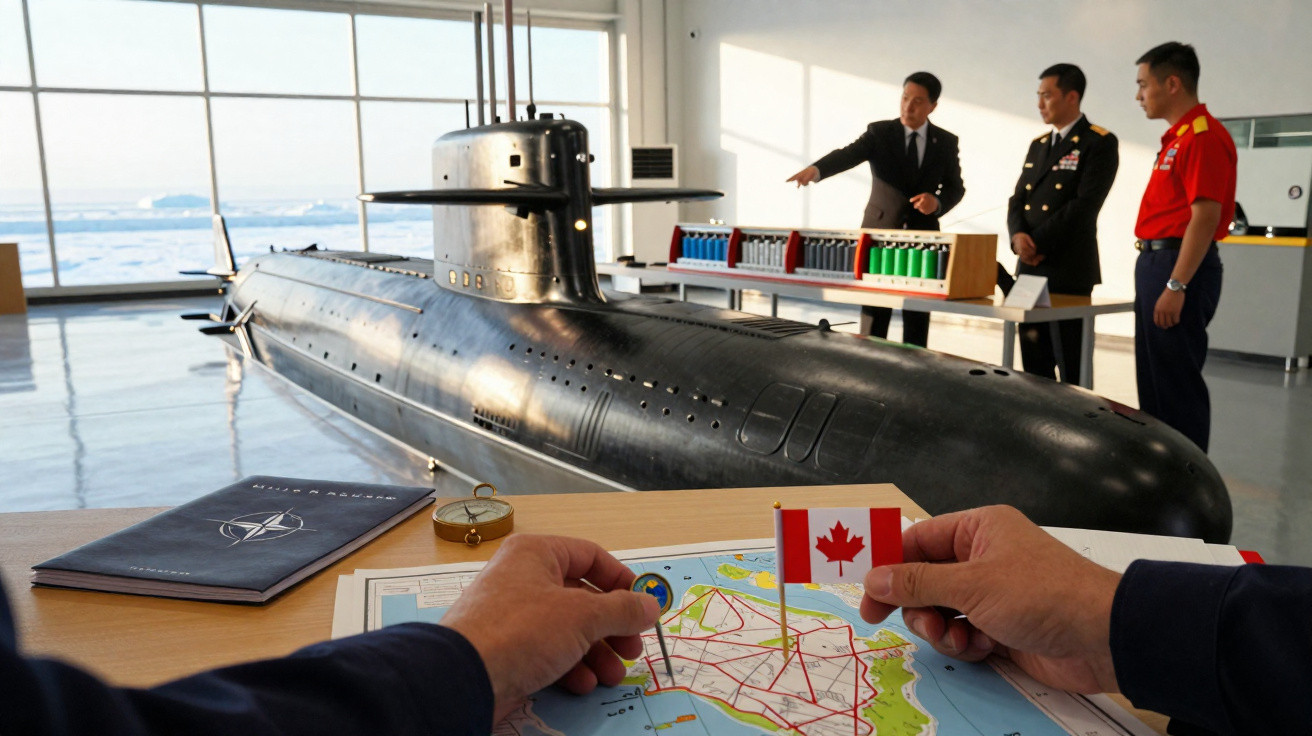 Modelo de submarino negro em exposição com pessoas e mapa com bandeira do Canadá em sala iluminada por luz natural.