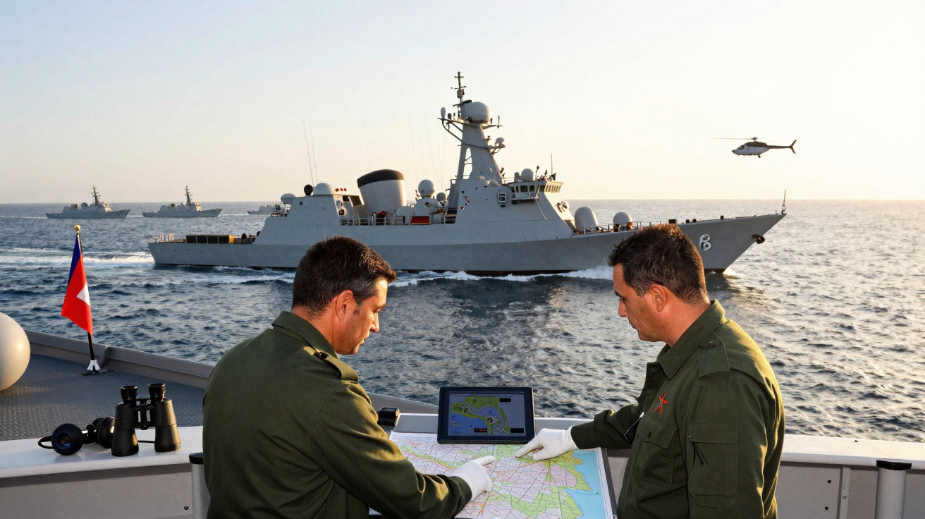 Três militares a operar equipamento de navegação em barco, com navio de guerra e helicóptero no mar ao fundo.