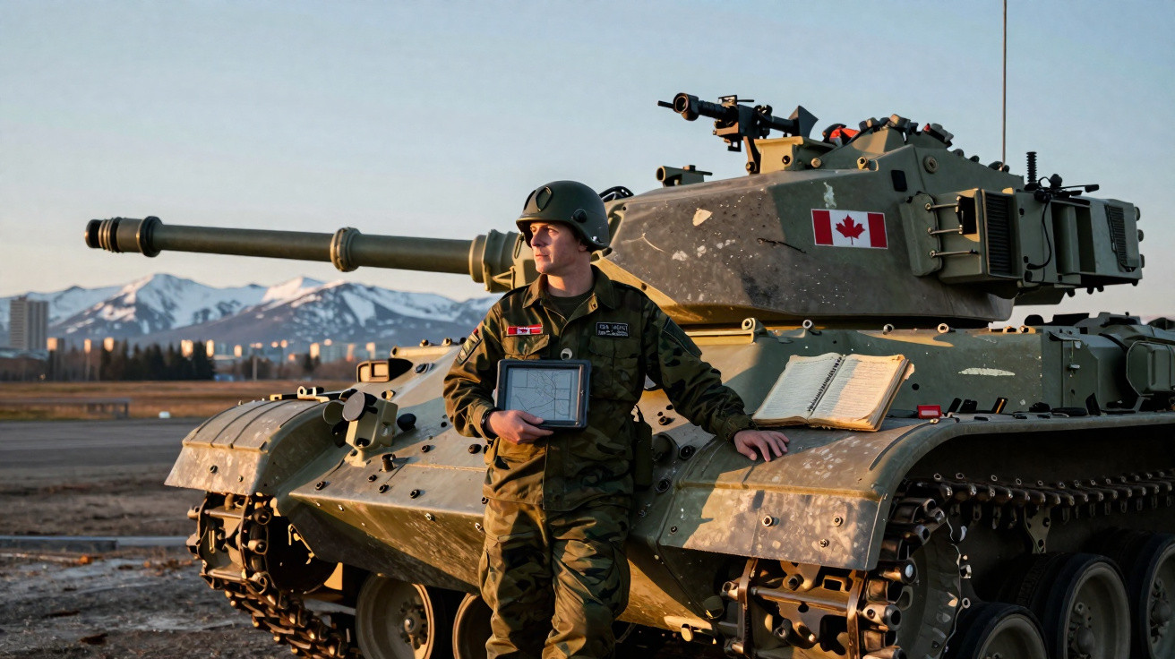 Soldado canadiano em uniforme e capacete encostado em tanque militar com bandeira do Canadá, campo e montanhas ao fundo.