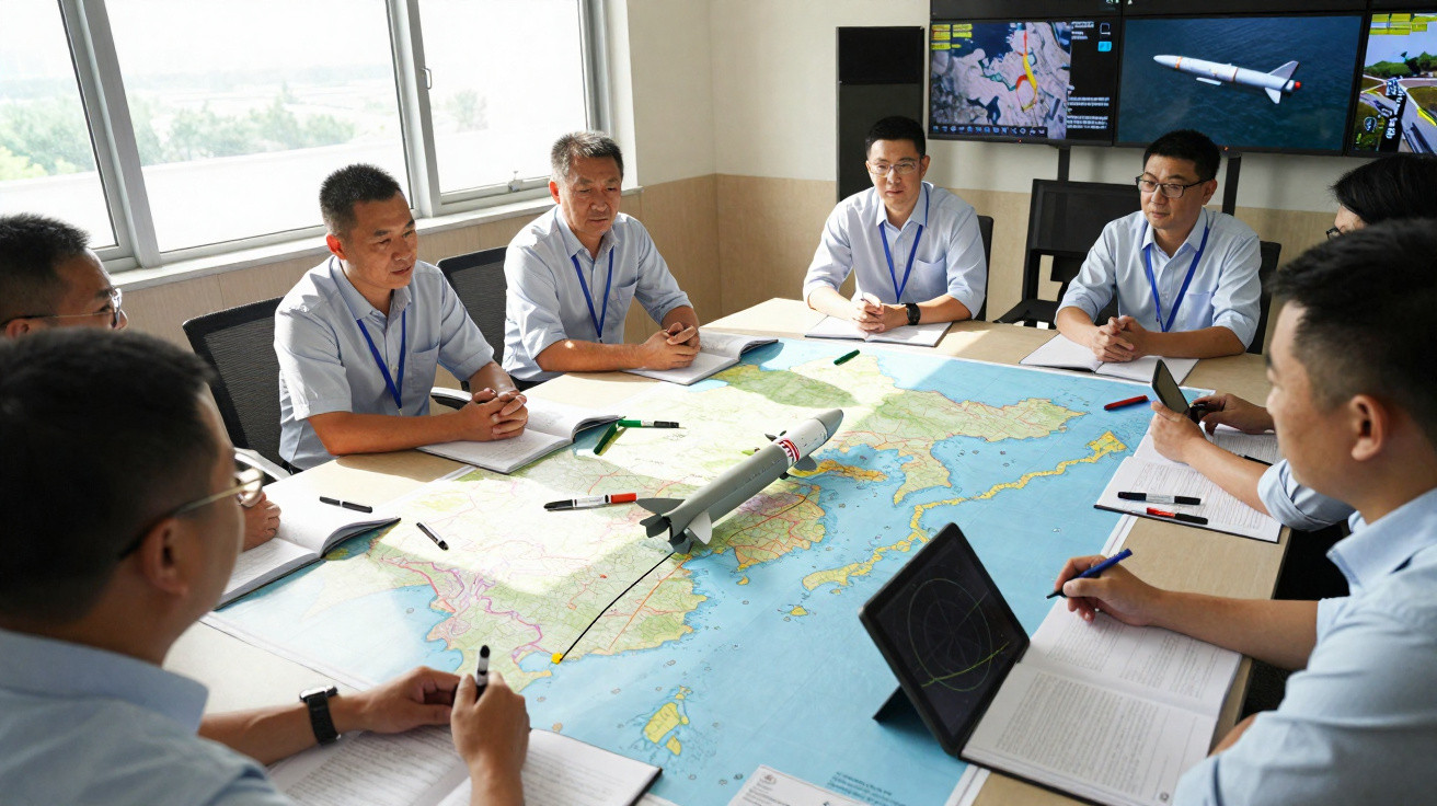 Grupo de homens em reunião à volta de mesa com mapa e modelo de míssil para planeamento estratégico.