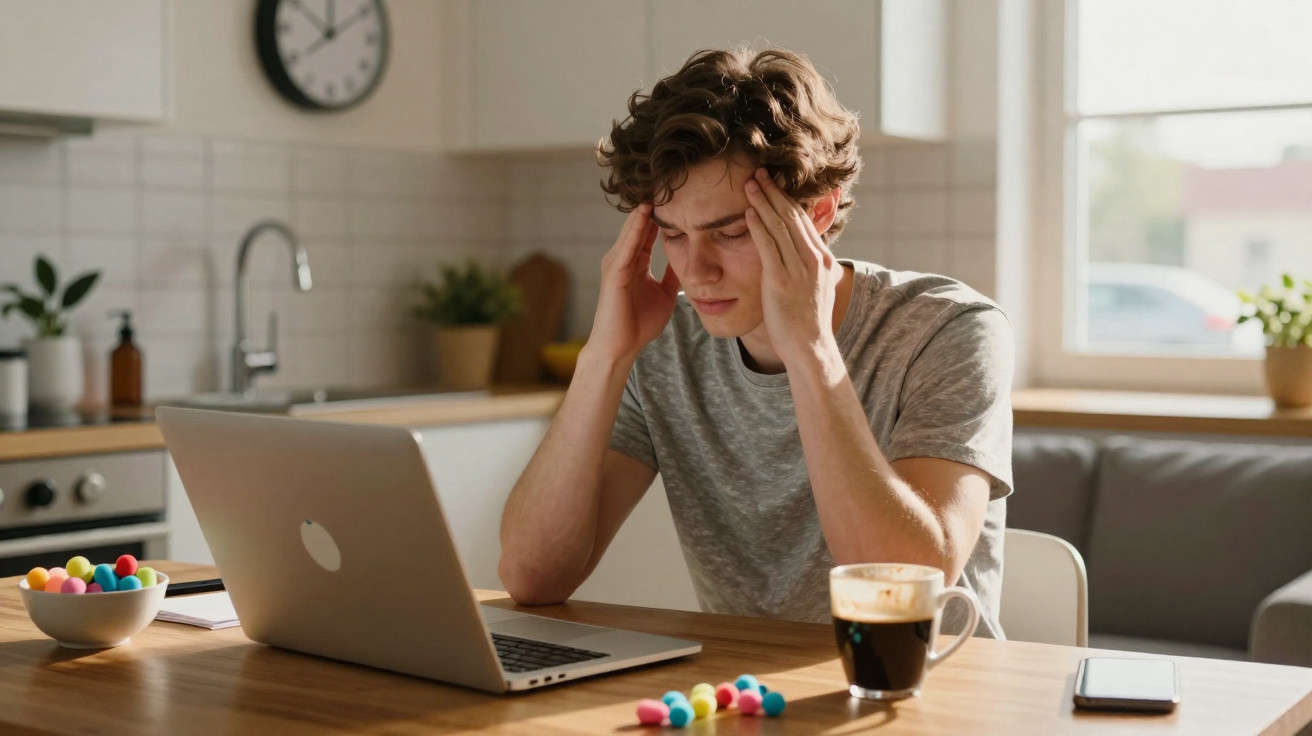 Jovem sentado à mesa em casa com laptop, expressão de cansaço e mãos na cabeça.