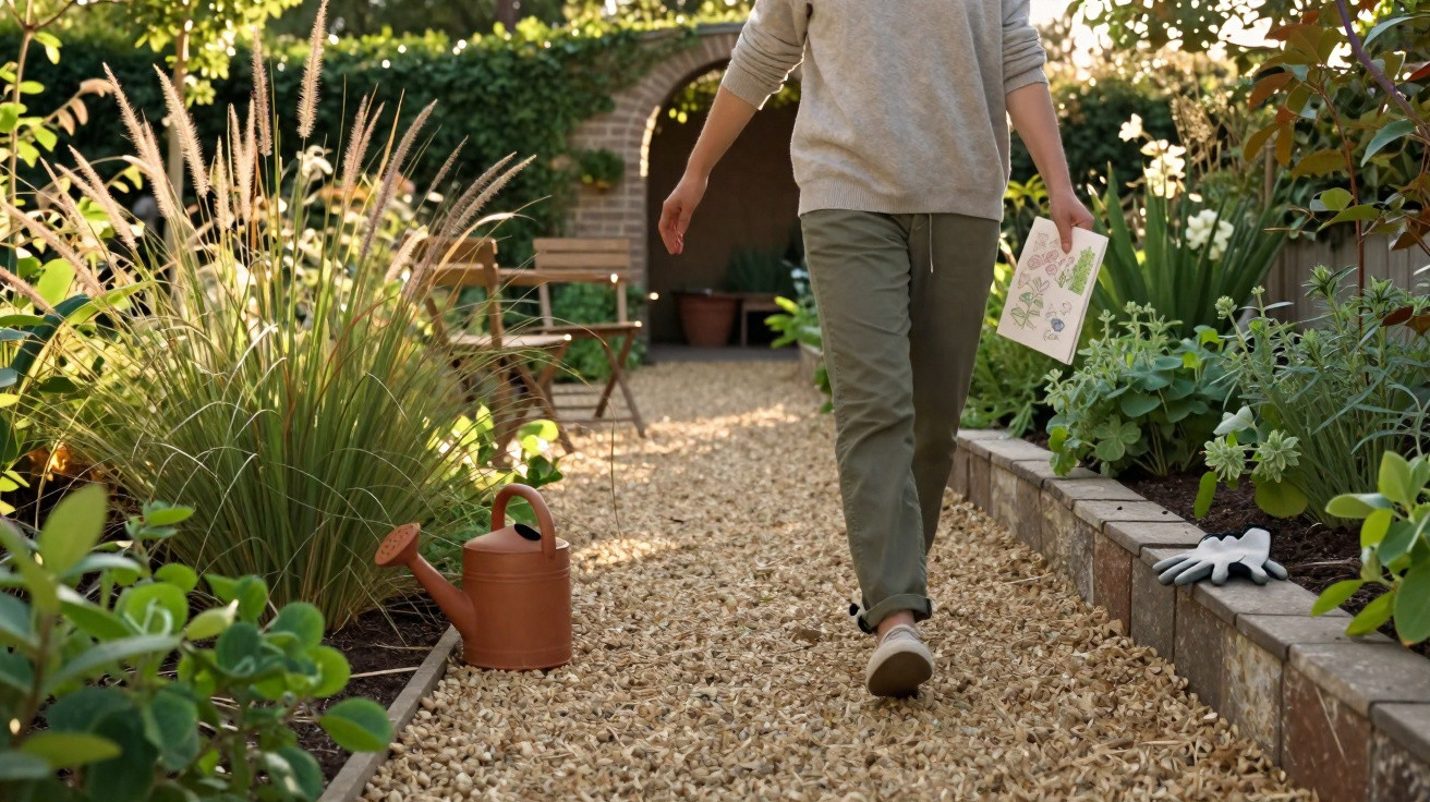Pessoa a pé num jardim com regador e plantas ao redor num caminho com casca de árvore.