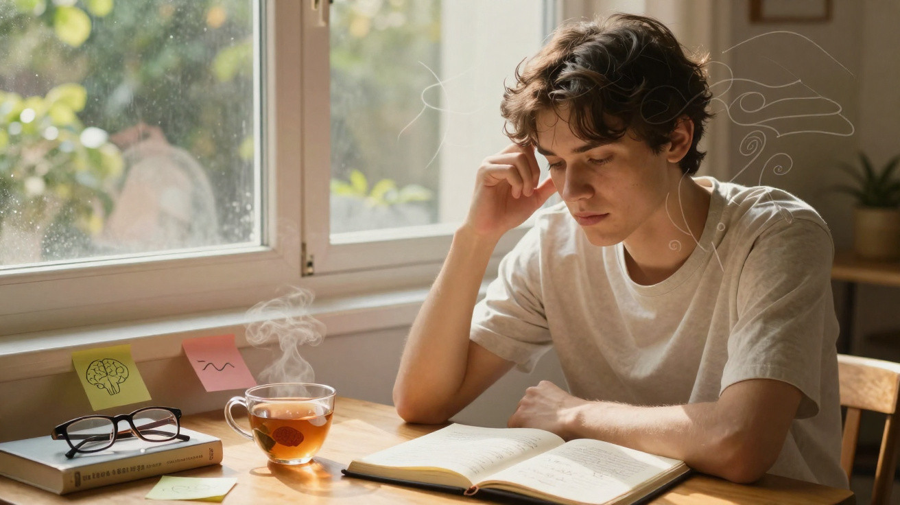 Jovem sentado à mesa, a ler um livro, com chá a vapor e óculos, junto a uma janela iluminada.