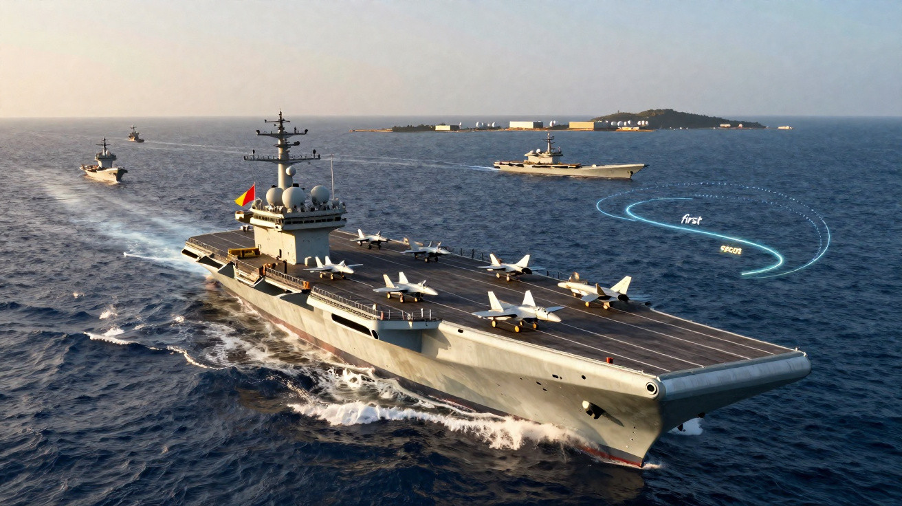 Porta-aviões militar em alto mar com aeronaves na pista e outro navio ao fundo perto de uma ilha.
