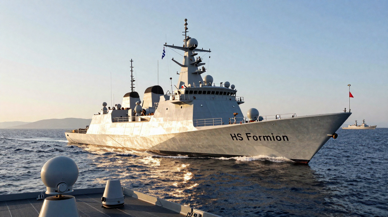 Navio de guerra HS Formion navegando em mar calmo sob céu claro ao entardecer.