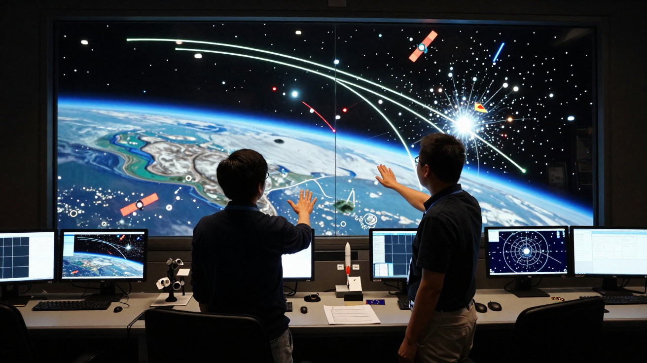 Dois técnicos em frente a um ecrã grande com imagem da Terra e satélite em órbita.