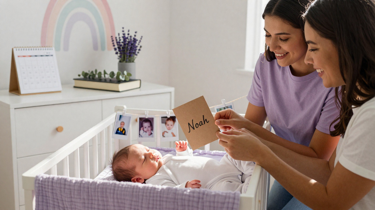 Pais felizes segurando um cartão com o nome "Noah" junto ao berço do bebé adormecido.