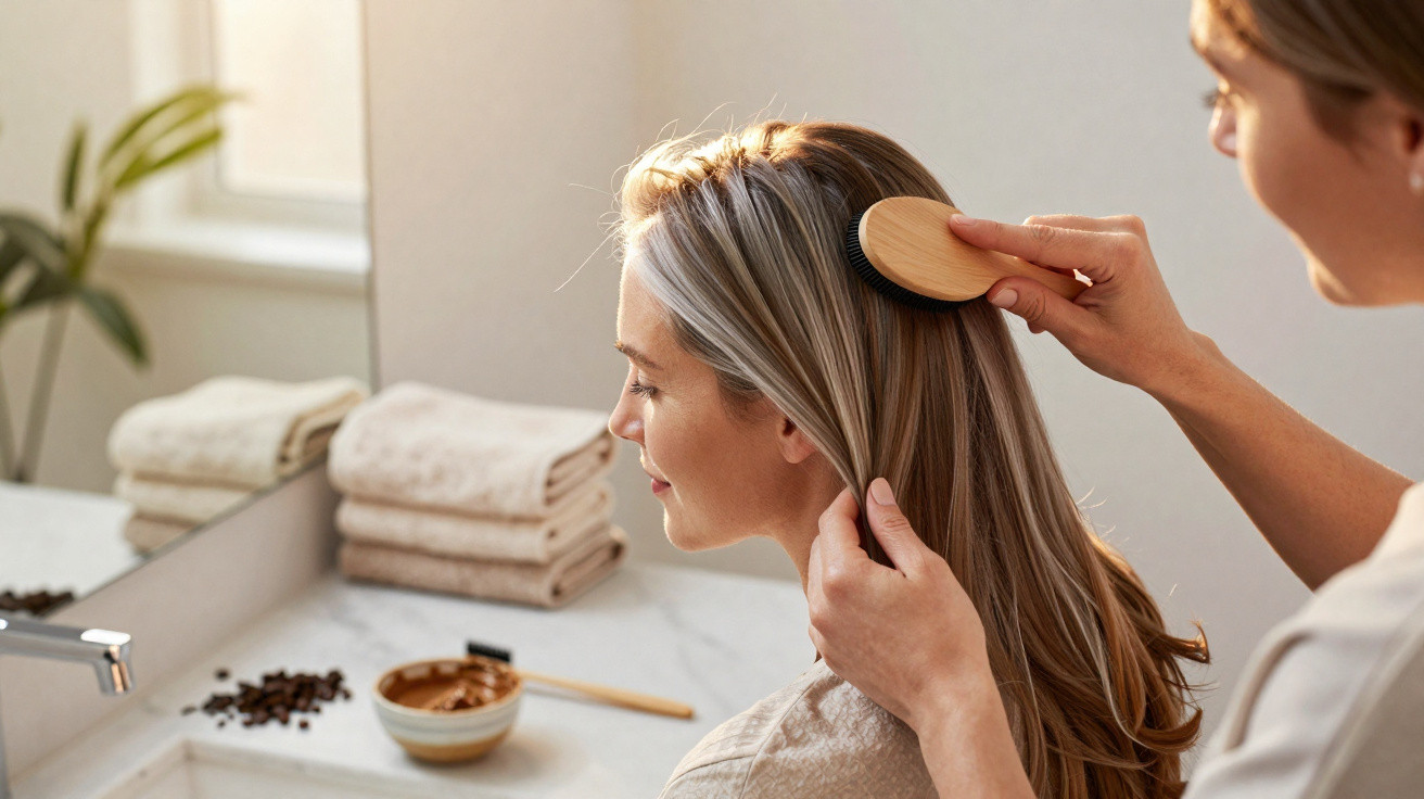 Mulher penteando o cabelo com escova enquanto outra pessoa a ajuda sentadas junto a uma mesa com café e toalhas.