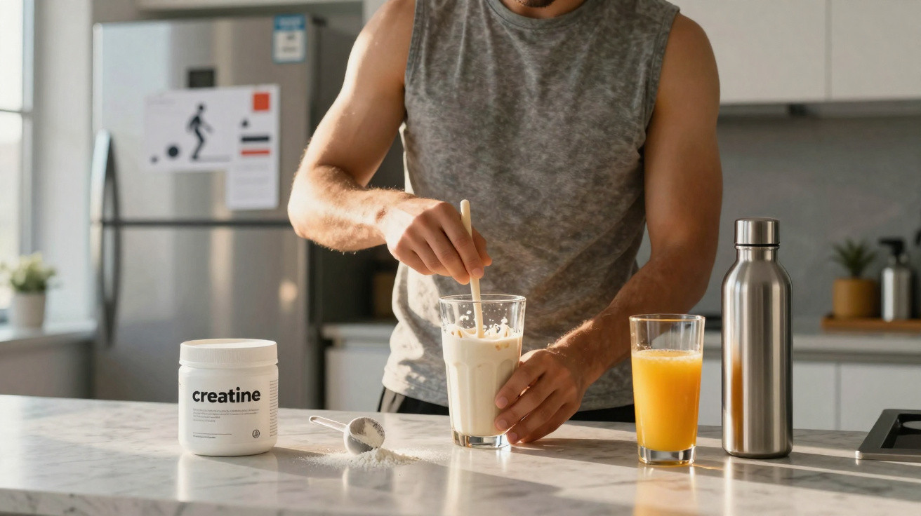 Homem a mexer bebida proteica com suplemento de creatina na cozinha moderna.