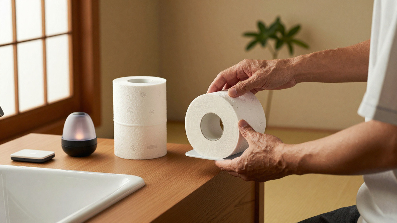 Pessoa a pegar numa folha de papel higiénico num suporte numa casa de banho minimalista.